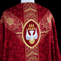 Red Luther Rose Brocade Dove and VDMA Pentecost Chasuble - Dice Braid Trim With Red and Gold Wakefield Orphreys - Ecclesiastical Sewing