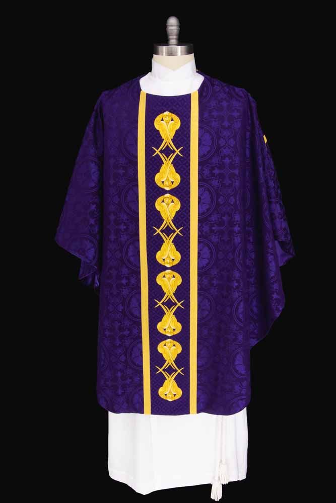 A violet chasuble with a gold column orphrey