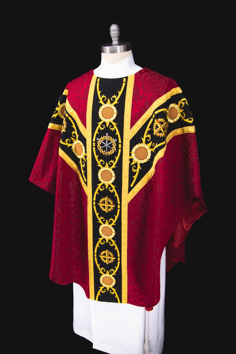 The Lent Passion chasuble in scarlet and black on a dress form, from the front