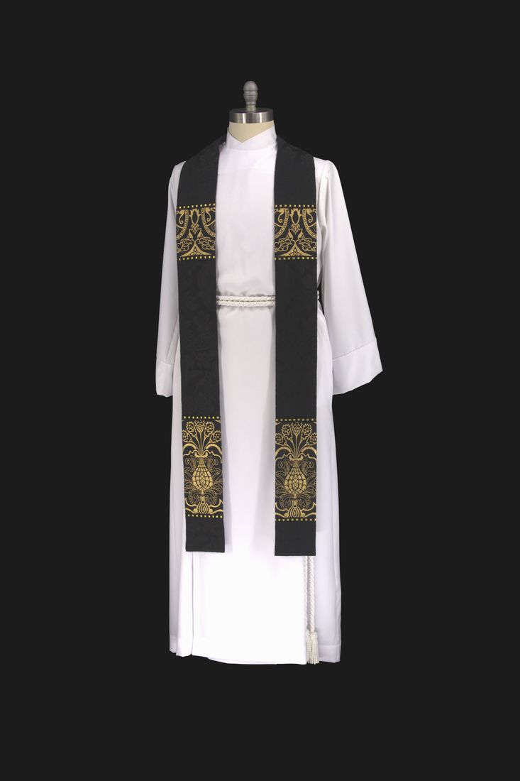 The black and gold brocade stole on a dress form