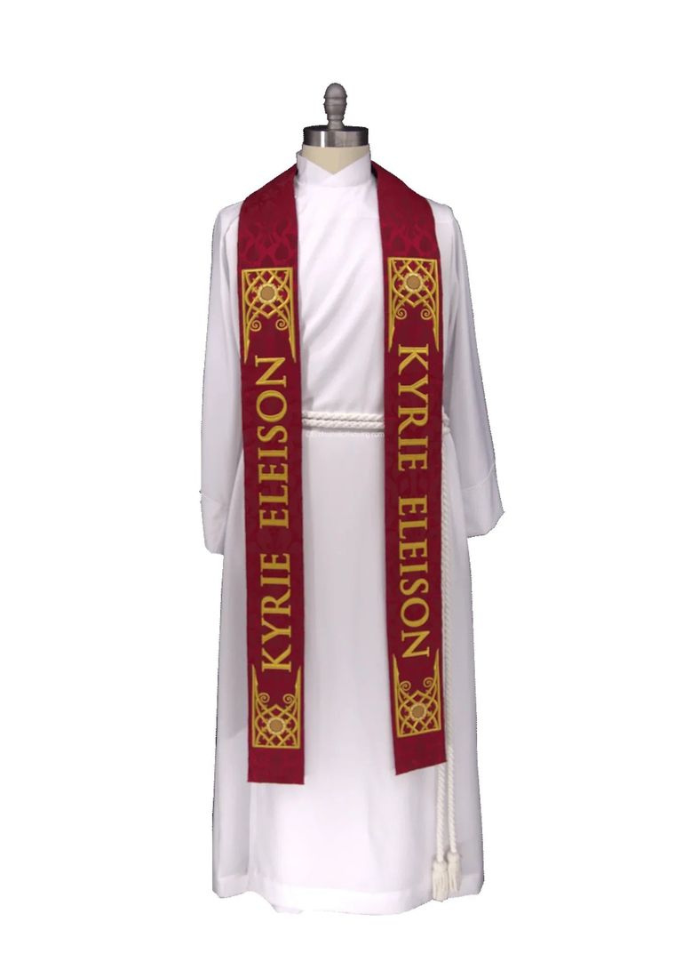 The Kyrie Eleison stole in scarlet on a dress form