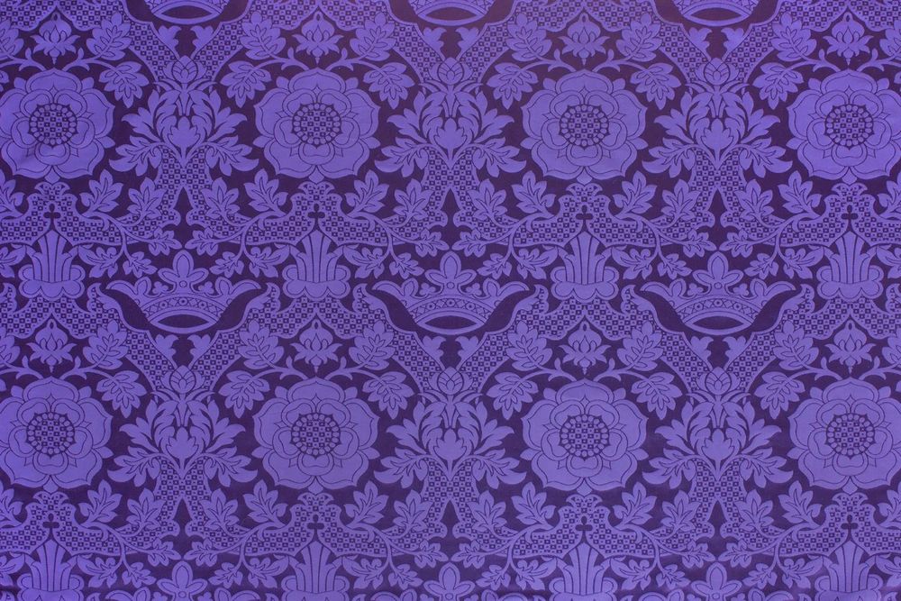 St. Margaret brocade in violet, woven tone on tone with roses and crowns