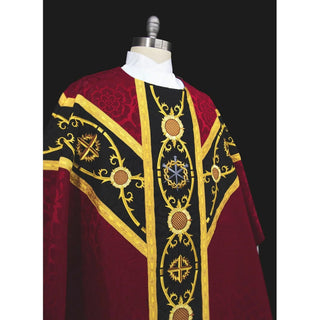 Scarlet Custom Embroidered Gothic chasuble for priest made with European brocade fabric