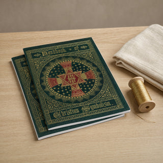 Two copies of the Handbook of Christian Symbolism on an oak table with ivory linen and gold thread