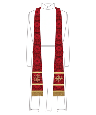 Front view of red Luther Rose Brocade Long tapered stole with gold embroidered VDMA and Fringe hem