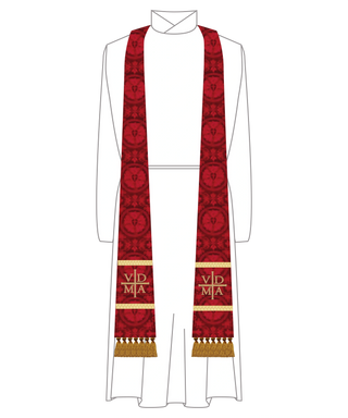 Red Luther Rose Brocade long tapered stole with gold embroidered VDMA and Tassels at the hem