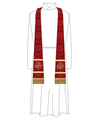 Front view of red Luther Rose Brocade short tapered stole with gold embroidered VDMA and Fringe hem