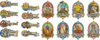 Collection of colorful heraldic-style emblems with various designs and text.