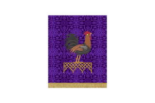 “Violet Glastonbury Brocade Lent pulpit fall with embroidered rooster and lattice pattern – symbol of repentance and vigilance from Peter’s denial, crafted in violet brocade”