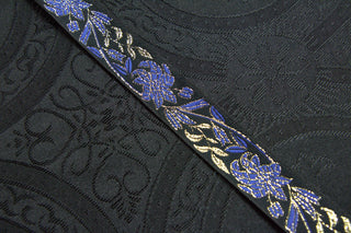 Royal blue and gold floral jacquard ribbon trim on black ground, 1 inch wide
