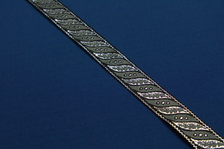 Narrow Black Jacquard Ribbon Trim with Silver Metallic Scroll Accents