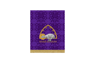 “Violet Glastonbury Brocade Lenten pulpit fall with Bound Agnus Dei motif in arch frame and Kyrie Eleison text – symbol of the Lamb of God’s sacrifice and divine mercy”