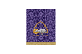 “Violet Luther Rose Brocade Lenten pulpit fall with Bound Agnus Dei motif in arch frame and Kyrie Eleison text – symbol of the Lamb of God’s sacrifice and divine mercy”