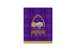 “Violet Glastonbury Brocade Lenten pulpit fall with Bound Agnus Dei motif and Kyrie Eleison text – symbol of the Lamb of God’s sacrifice and divine mercy”