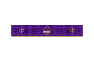 “Violet Lent superfrontal with Bound Agnus Dei before lattice arch and Kyrie Eleison text, Chi Rho embroidery on ends, violet brocade altar frontal for Lent”
