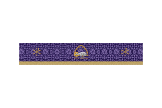 “Violet Lent superfrontal with Bound Agnus Dei before lattice arch and Kyrie Eleison text, Chi Rho embroidery on ends, violet brocade altar frontal for Lent”