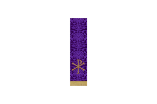 Violet Glastonbury Brocade Lent Bible marker with Chi Rho embroidery in violet brocade, narrow pulpit and lectern fall for Lent and Holy Week worship