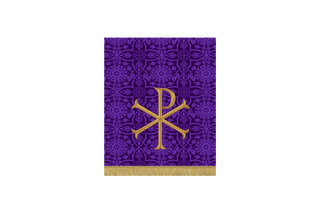 “Violet Glastonbury brocade Lenten pulpit fall with Chi Rho and Kyrie Eleison text – symbol of Christ’s mercy, victory, and kingship”