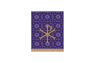 “Violet Luther Rose brocade Lenten pulpit fall with Chi Rho and Kyrie Eleison text – symbol of Christ’s mercy, victory, and kingship”