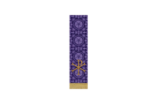 Violet Luther Rose Lent Bible marker with Chi Rho embroidery in violet brocade, narrow pulpit and lectern fall for Lent and Holy Week worship