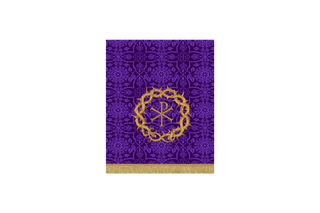 “Violet Glastonbury Brocade Lent pulpit fall featuring Chi Rho encircled by branches and crown of thorns – handcrafted ecclesiastical embroidery symbolizing the Passion of Christ”
