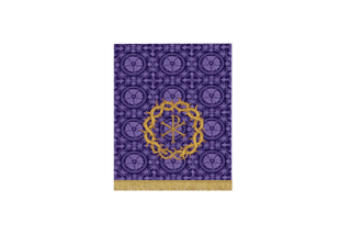 “Violet Luther Rose Brocade Lent pulpit fall featuring Chi Rho encircled by branches and crown of thorns – handcrafted ecclesiastical embroidery symbolizing the Passion of Christ”