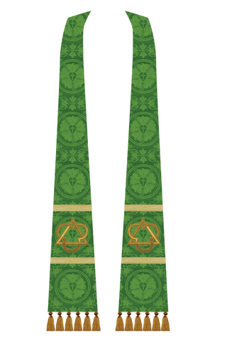 Green Luther Rose Tapered Stole with Goldwork Trinity Appliqué & Tassels