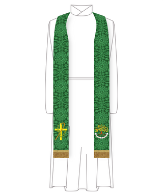 Green custom pastor stole with burning bush and embroidered shepherd’s cross design