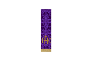 Violet Glastonbury Brocade Lent Bible marker with IHC Christogram, narrow pulpit or lectern fall in violet brocade for Lent and Holy Week worship