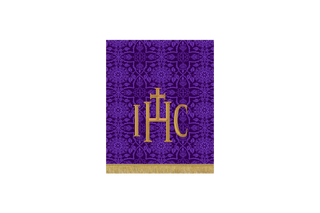 Violet Glastonbury Brocade Lent pulpit fall with IHC Christogram embroidery in violet brocade, symbolizing the Holy Name of Jesus for Lent and Holy Week