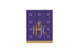 Violet Glastonbury Brocade Lent pulpit fall with IHC Christogram embroidery in violet brocade, symbolizing the Holy Name of Jesus for Lent and Holy Week