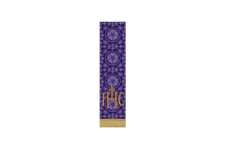 Violet Luther Rose Lent Bible marker with IHC Christogram, narrow pulpit or lectern fall in violet brocade for Lent and Holy Week worship