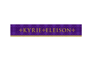 Violet Glastonbury Brocade Lent superfrontal with Kyrie Eleison text and embroidered crosses, violet brocade altar frontal for Lent and Holy Week