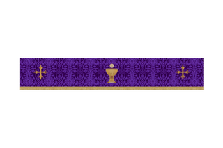 Violet Glastonbury Brocade Lent superfrontal with embroidered chalice and host Eucharist design in violet brocade for Lent and Holy Week altar use