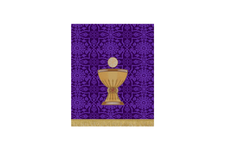 “Violet Glastonbury brocade Lent pulpit fall with embroidered chalice, lattice, and crown of thorns – symbolizing Christ’s blood, sacrifice, and redemption”