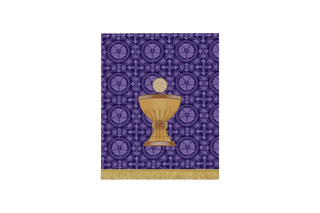 “Violet Luther Rose brocade Lent pulpit fall with embroidered chalice, lattice, and crown of thorns – symbolizing Christ’s blood, sacrifice, and redemption”