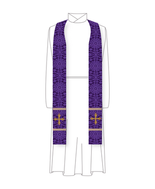 Violet Glastonbury Brocade Lent priest stole with Plain Hem and simple embroidered cross and trim detail, violet brocade for Lent and Holy Week services