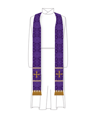 Violet Glastonbury Brocade Lent priest stole with Tassels and simple embroidered cross and trim detail, violet brocade for Lent and Holy Week services