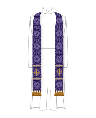 Violet Luther Rose Brocade Lent priest stole with Tassels and simple embroidered cross and trim detail, violet brocade for Lent and Holy Week services