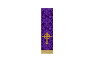 Violet Lent Bible marker with Latin fleur cross encircled by crown of thorns embroidery, fringe detail, in Luther Rose or Glastonbury brocade fabric
