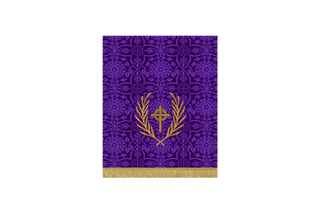 Deep violet Lent pulpit fall with fleur-style cross encircled by crown of thorns and crossed palm branches, embroidered on Luther Rose or Glastonbury brocade