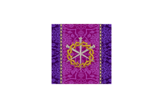 Violet brocade burse with embroidered crown of thorns and three nails, Roman purple orphrey band, Lent liturgical vestment for Holy Week altar use