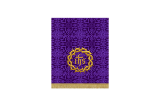 Violet Lent pulpit fall with IHS sacred monogram inside embroidered crown of thorns, deep violet brocade church parament for Lent and Holy Week
