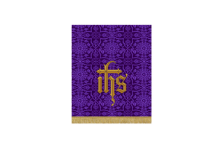 Violet Lent pulpit fall with embroidered IHS Sacred Monogram in deep violet brocade – Holy Name of Jesus design for Lenten worship