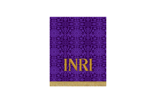 Deep Violet Lent pulpit fall with INRI embroidery on Luther Rose or Glastonbury brocade, symbol of Christ’s kingship and crucifixion