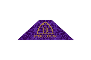 Violet Glastonbury Brocade Lent chalice veil with IHC monogram inside arch and Kyrie Eleison text, violet brocade Eucharistic veil for Lent and Holy Week