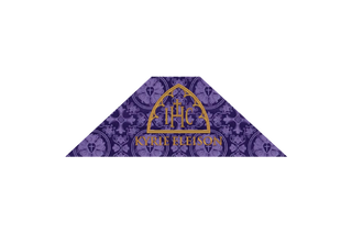 Violet Luther Rose Brocade Lent chalice veil with IHC monogram inside arch and Kyrie Eleison text, violet brocade Eucharistic veil for Lent and Holy Week