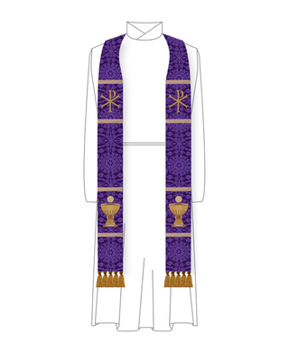 Violet Glastonbury Brocade Lent pastor priest stole with IHC monogram at chest and chalice and host embroidery near hem, violet brocade, available with plain or tassel hem