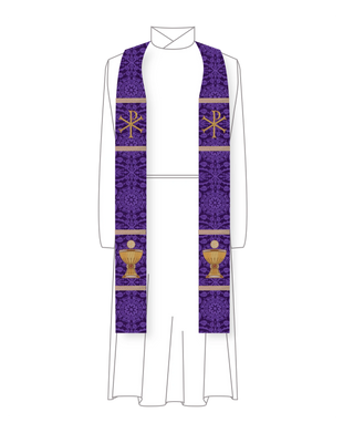 Violet Glastonbury Brocade Lent pastor priest stole with IHC monogram at chest and chalice and host embroidery near hem, violet brocade, available with plain or tassel hem