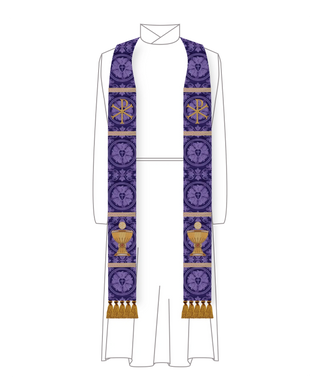Violet Luther Rose Brocade Lent pastor priest stole with IHC monogram at chest and chalice and host embroidery near hem, violet brocade, available with plain or tassel hem